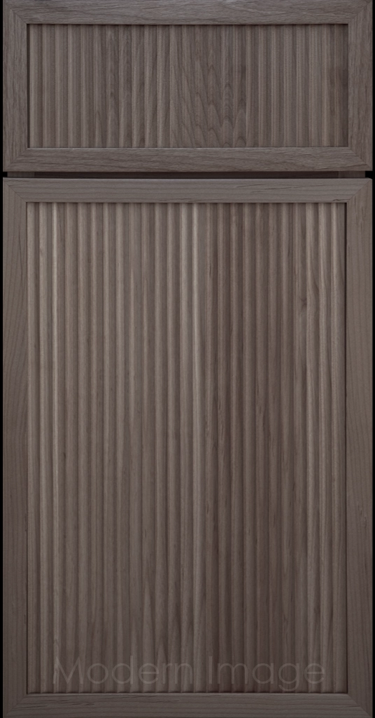 Modern kitchen featuring Arcadia Cove Truffle stained cabinets with narrow frames and fluted center panels